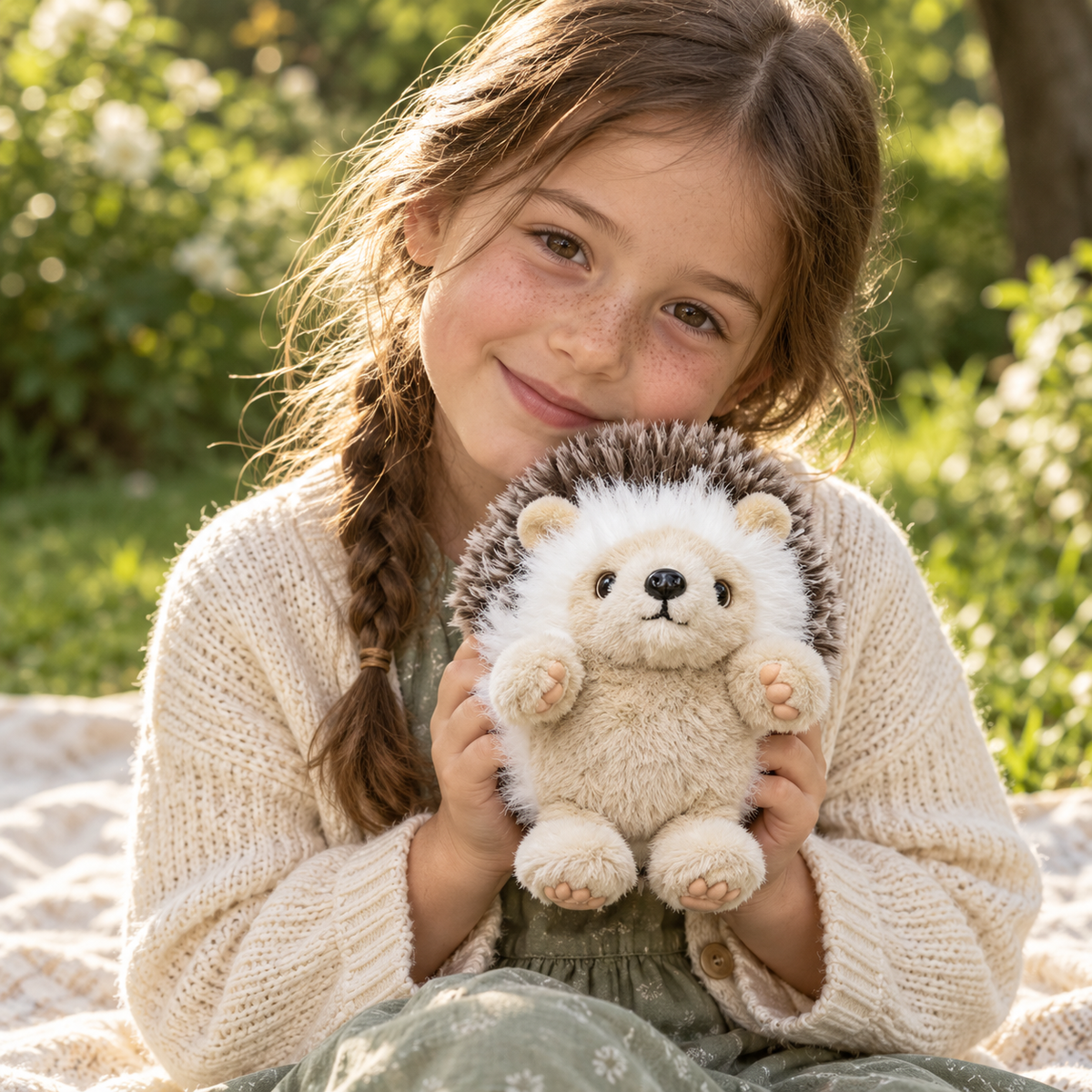 A child holding Briar hedgehog plush in a sunlit garden.
