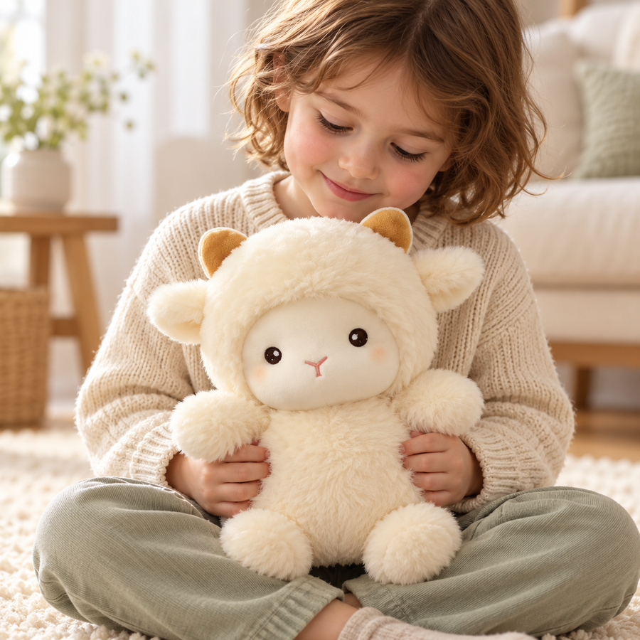 Elwin 25 cm cream lamb plush with golden-toned horns, held by a child on a rug — lifestyle illustration
