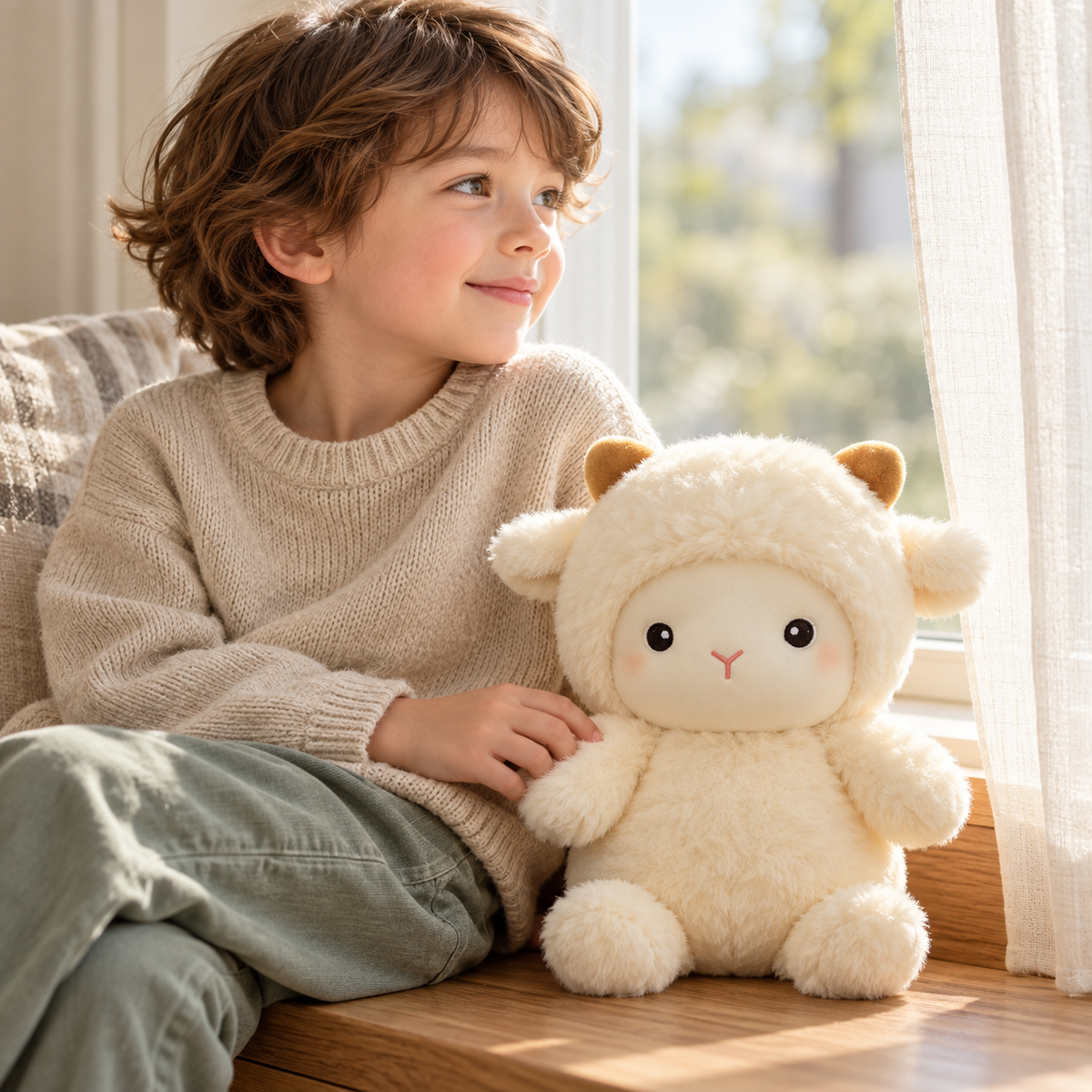 Elwin cream sheep plush beside a child on a sunlit window seat — lifestyle illustration