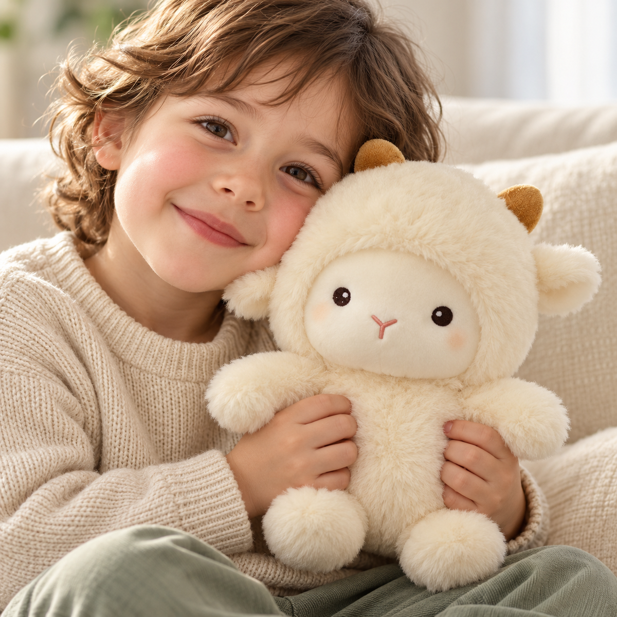 A child cuddling Elwin, Cubsley's 25 cm cream lamb plush — lifestyle illustration