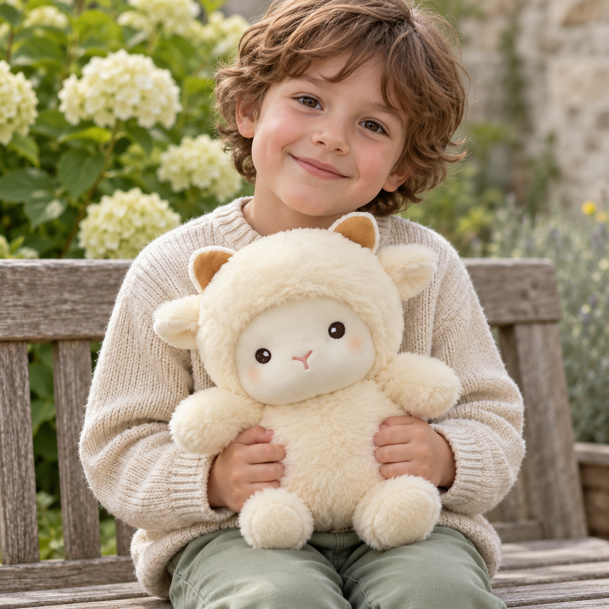 Elwin cream lamb plush held by a child on a garden bench — lifestyle illustration