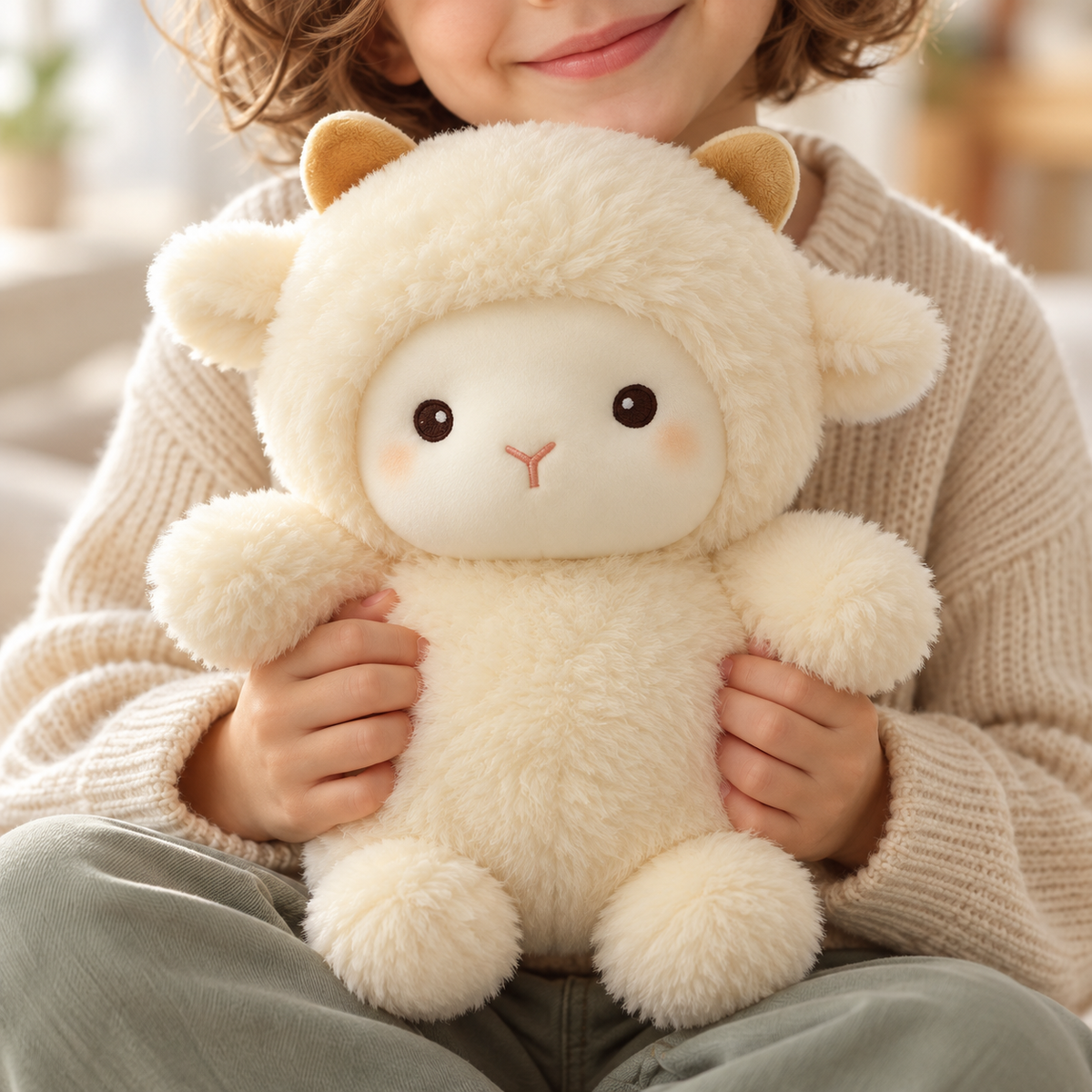 Close view of Elwin lamb plush's cream texture, pink mouth and small golden-toned horns — lifestyle illustration