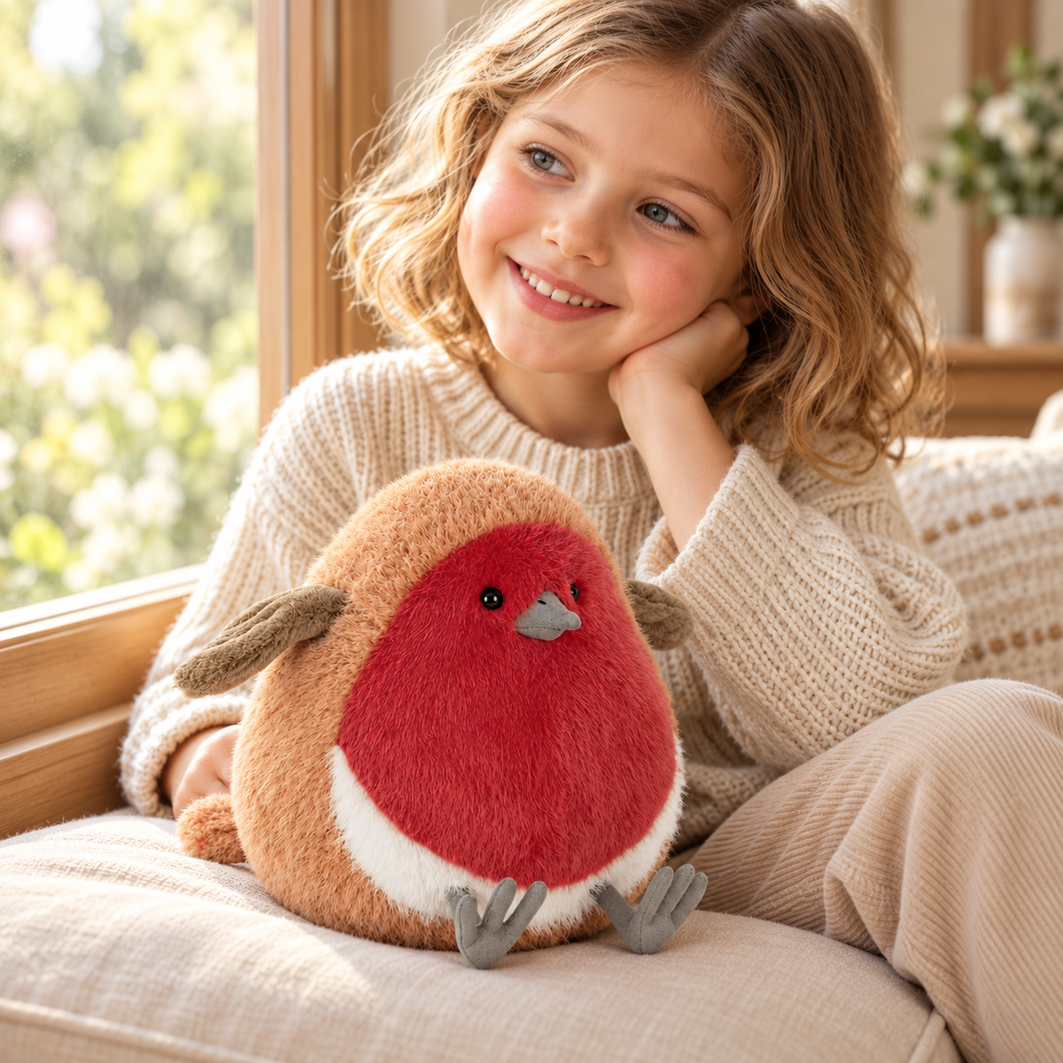 Finlo robin plush on a window seat beside a child — lifestyle illustration