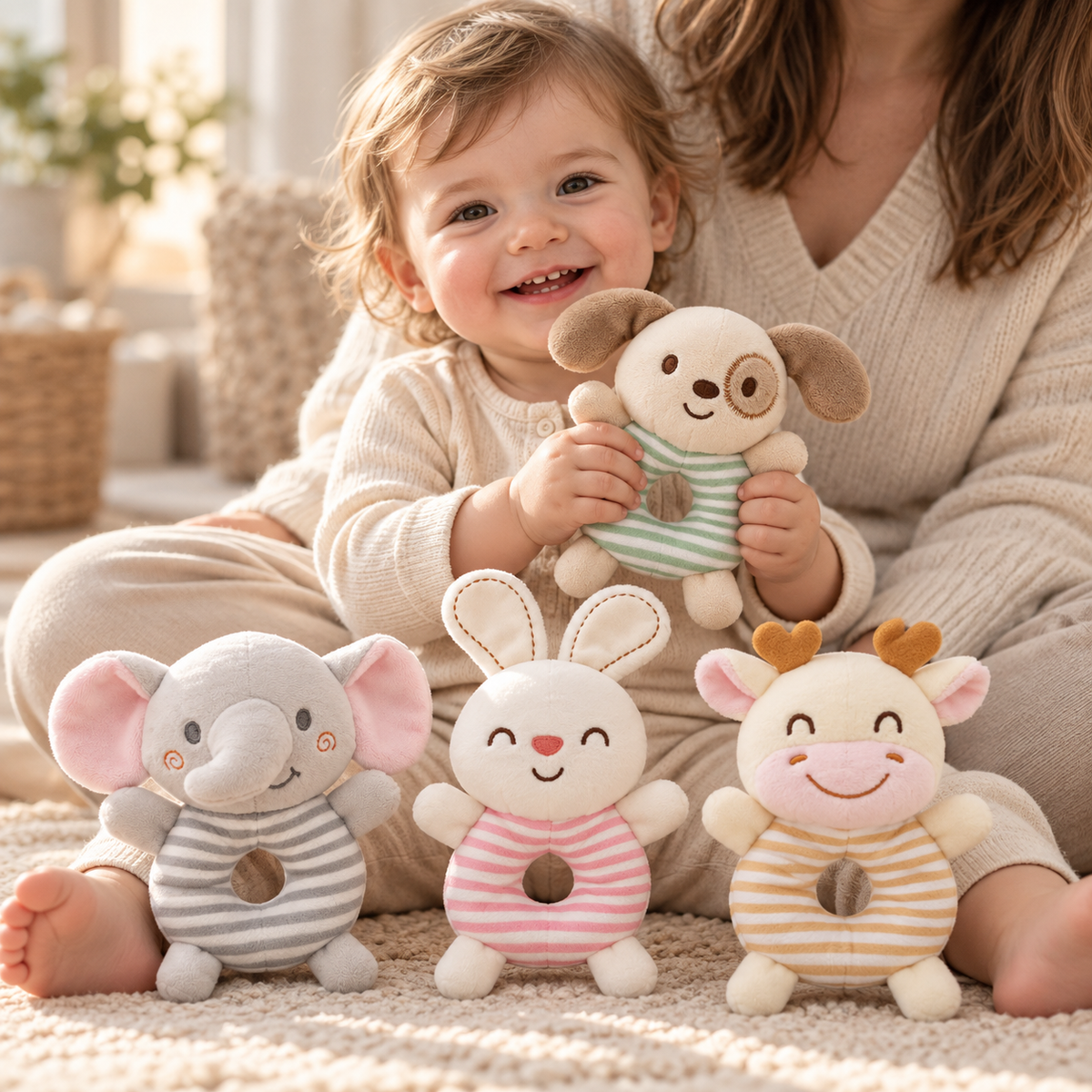 Toddler on a parent's lap holding the green striped dog plush ring, with elephant, bunny and cow from The Little Circle set.