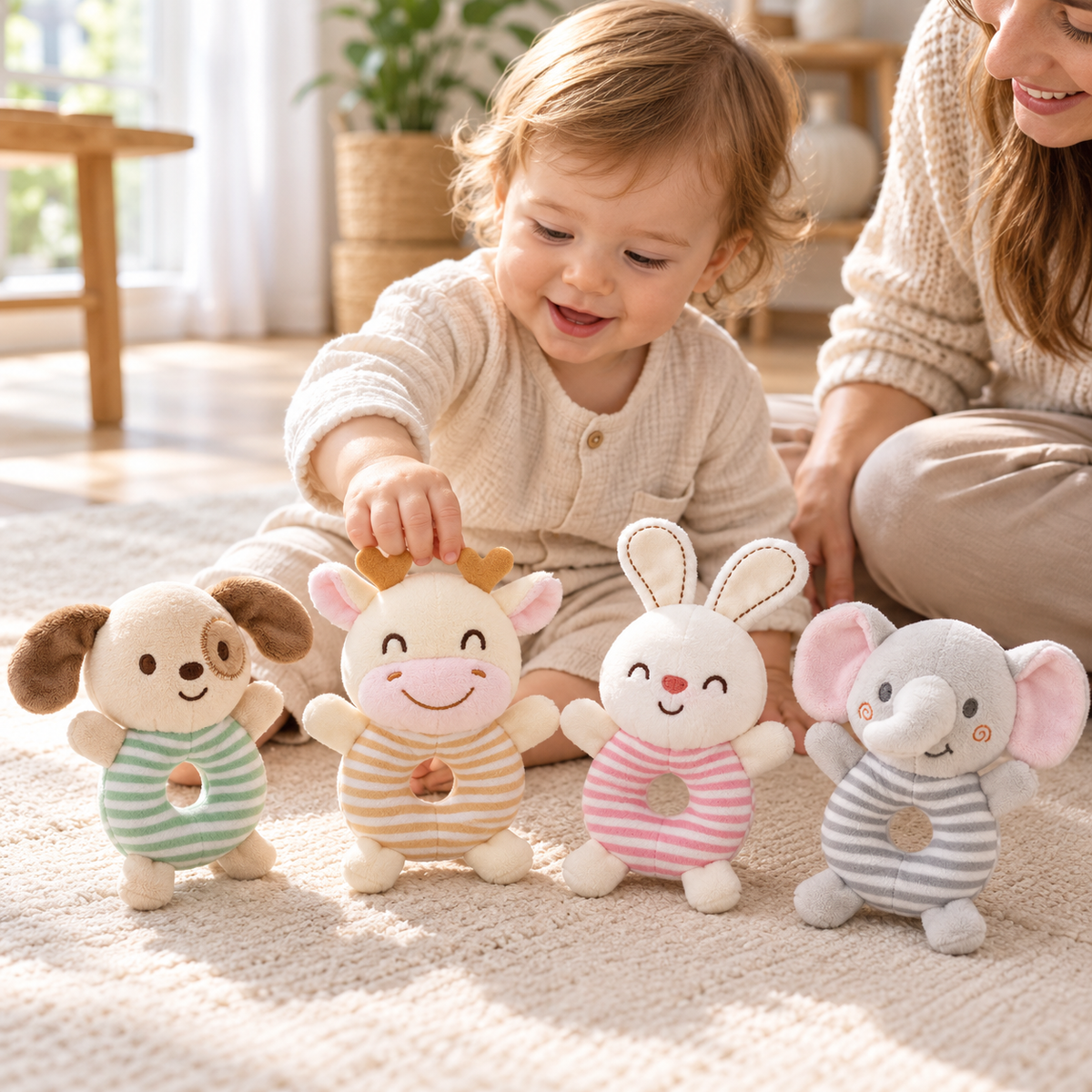 Toddler reaching for the yellow striped cow beside the dog, bunny and elephant plush rings during floor play.