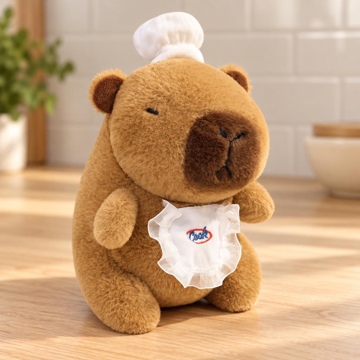 Marlow capybara plush, 25 cm, wearing a white chef hat and ruffled apron.