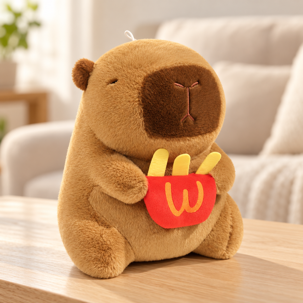 Marlow capybara plush, 25 cm, holding a red pouch of yellow plush fries.