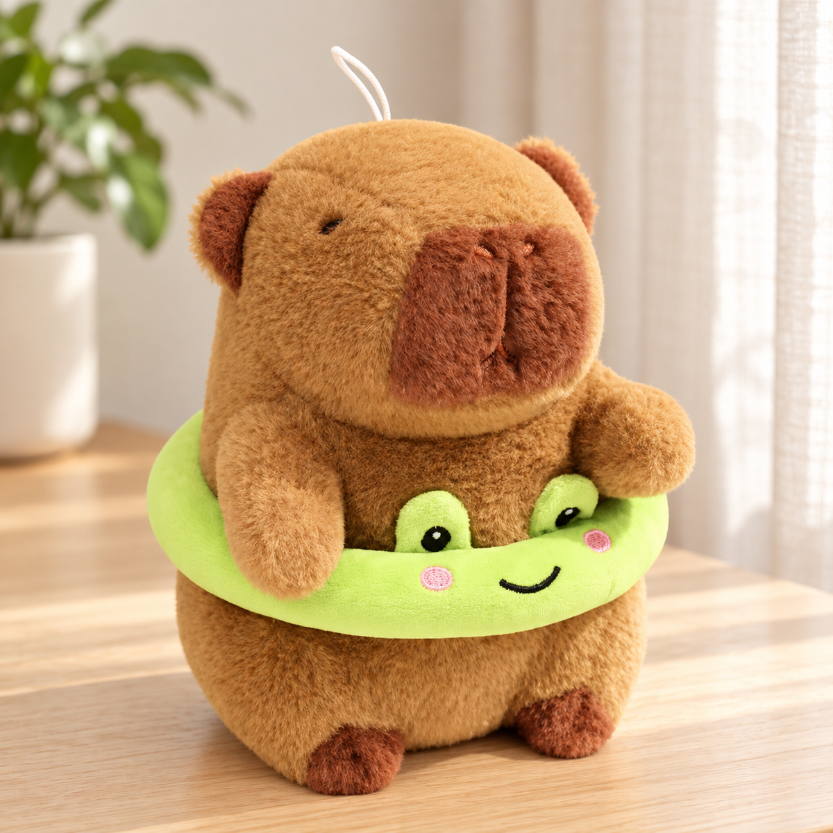 Marlow capybara plush, 25 cm, wearing a bright green frog-face plush ring.