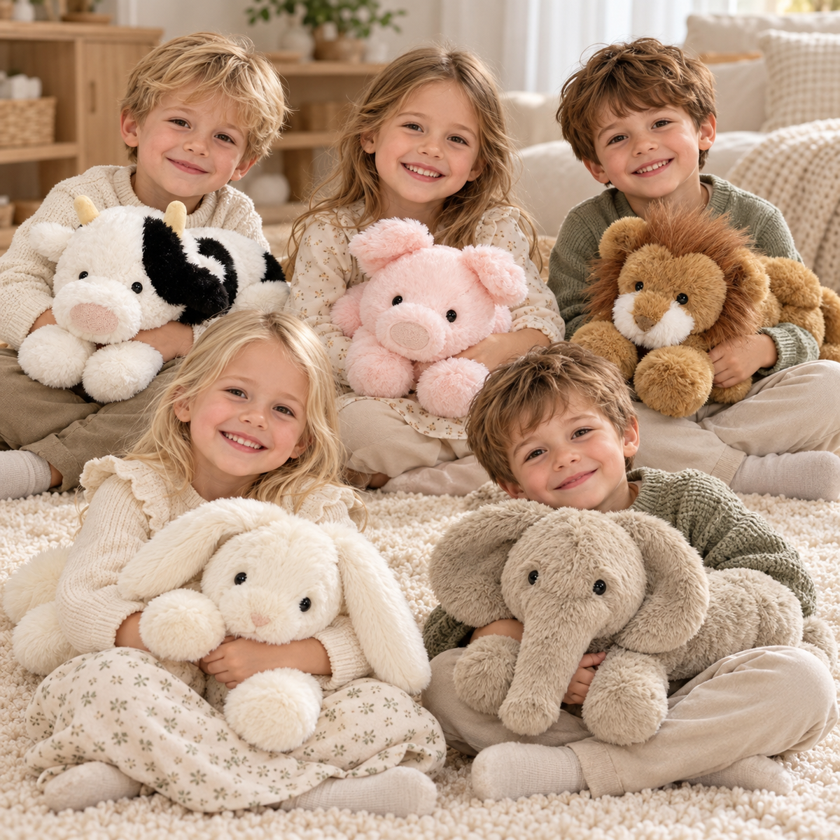 Five children each holding a different Meadow Friends plush: cow, pig, lion, bunny and elephant, 35 cm models.