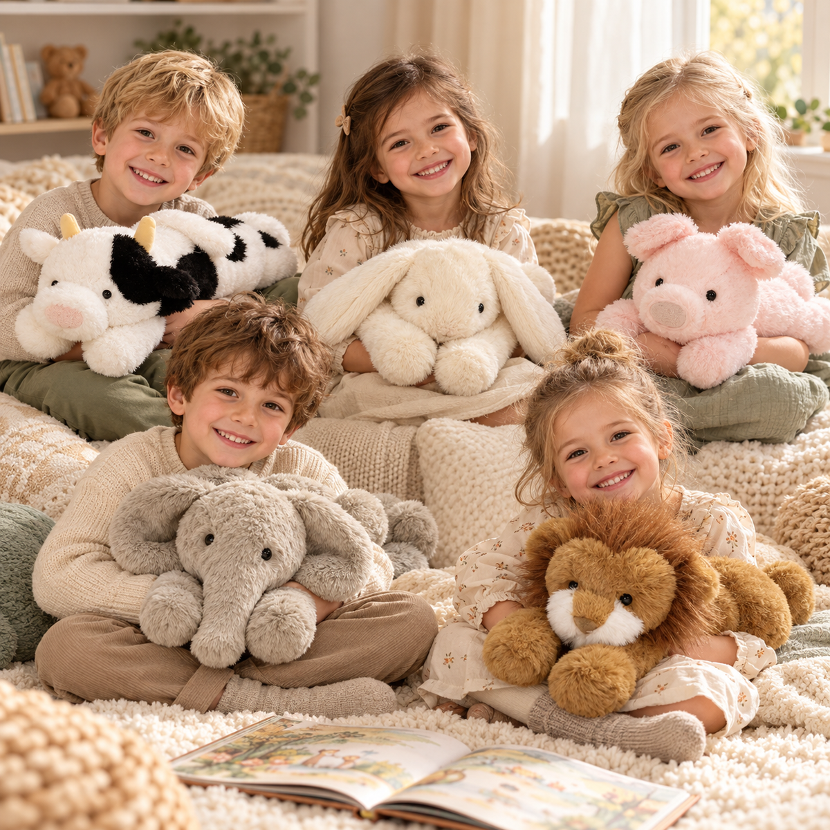 Five children in a reading corner holding the cow, bunny, pig, elephant and lion Meadow Friends plush models.