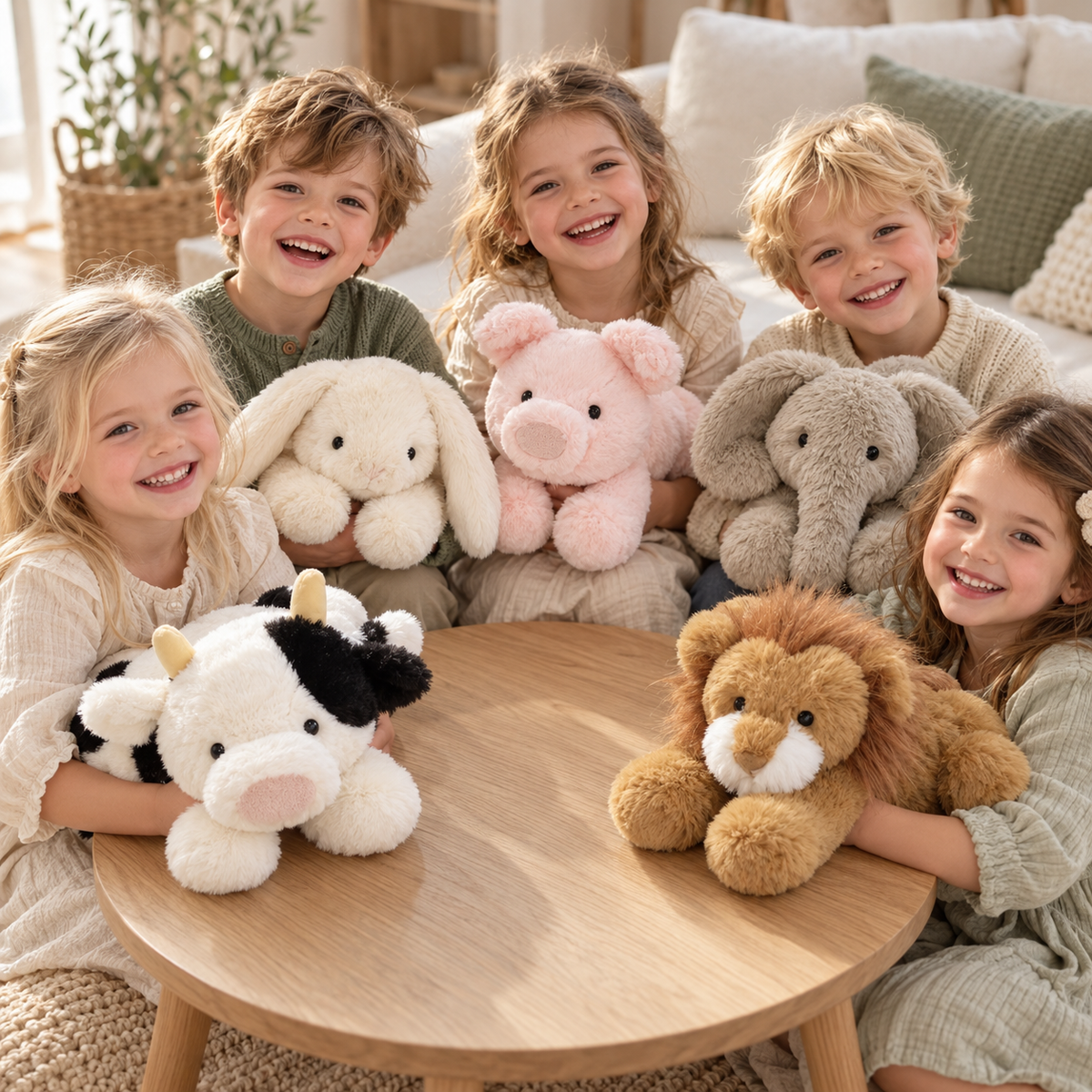 Five children around an oak table, each holding a different 35 cm Meadow Friends lying animal plush.