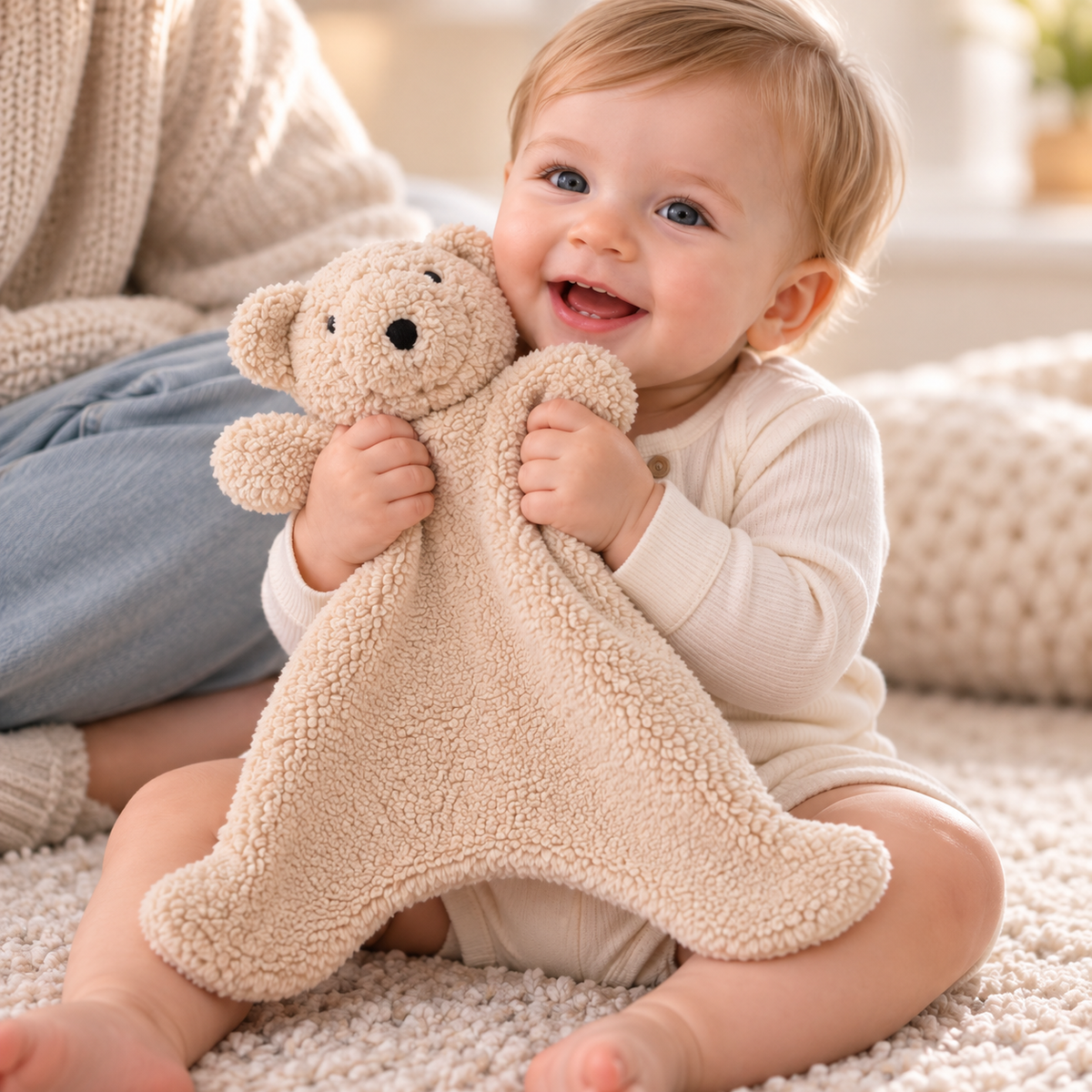 Toddler holding Merren Oat Bear beige sherpa comforter beside a parent.