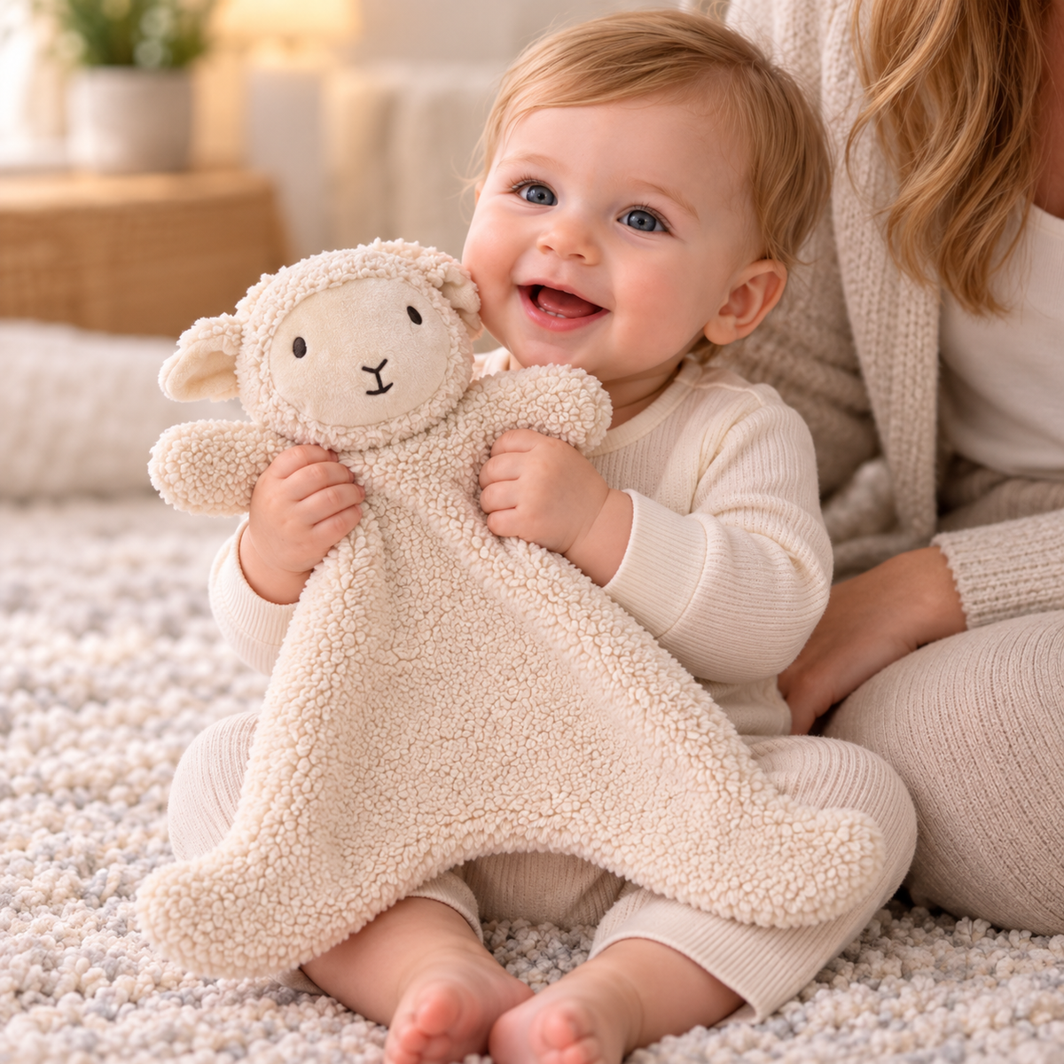 Toddler holding Merren Cream Lamb comforter with embroidered face beside a parent.