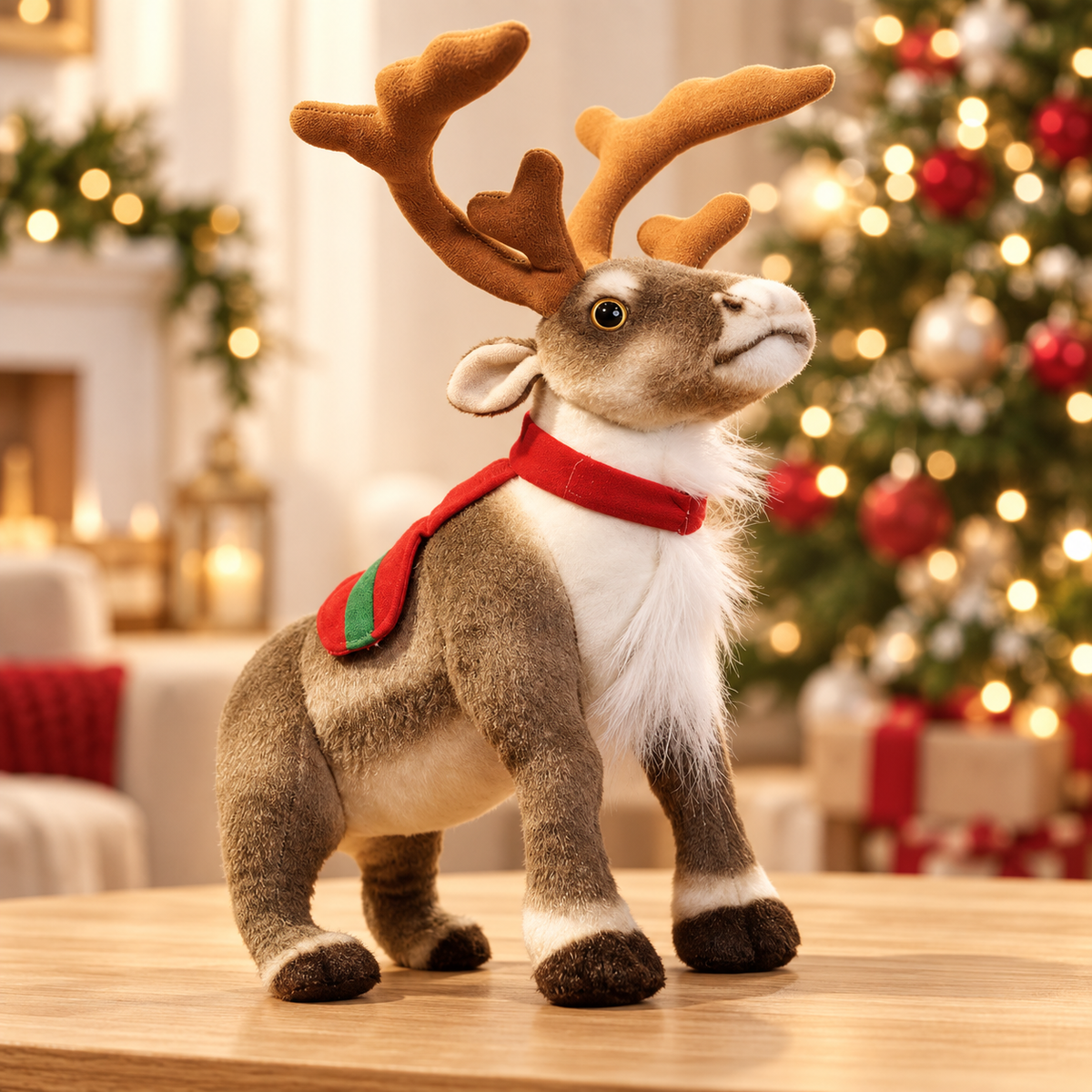 Noelle reindeer plush with red and green Christmas scarf