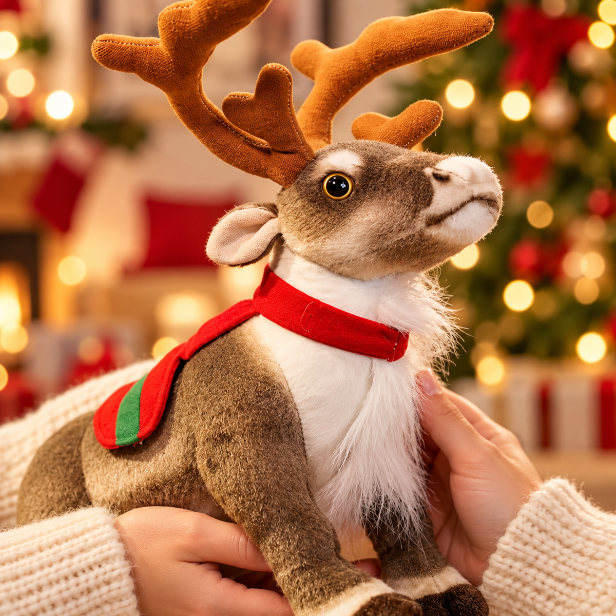 Close-up of Noelle reindeer plush showing fabric antlers, white chest and Christmas scarf