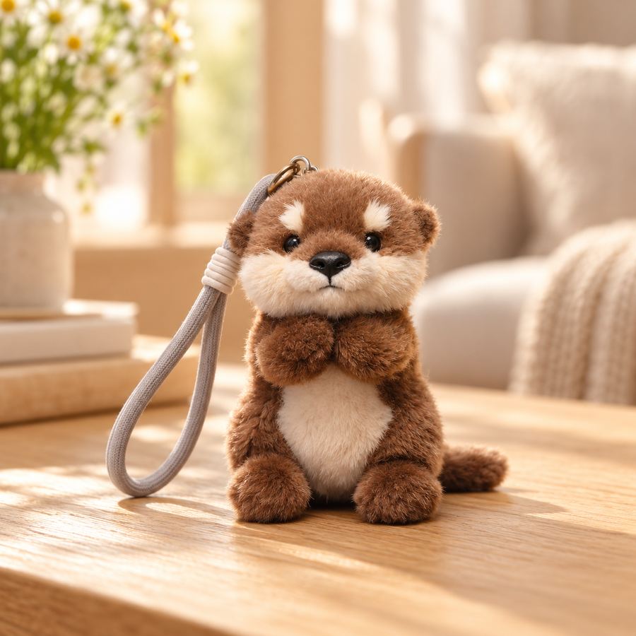 Orrin brown otter plush with cream muzzle and grey loop on a sunlit oak table.