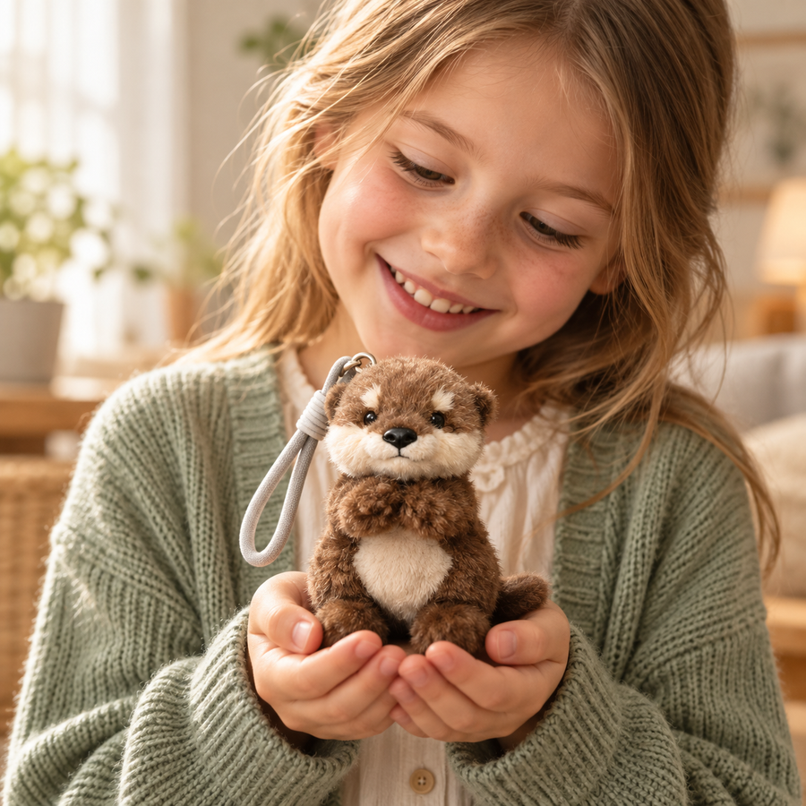 Child holding Orrin the small brown otter plush in cupped hands.