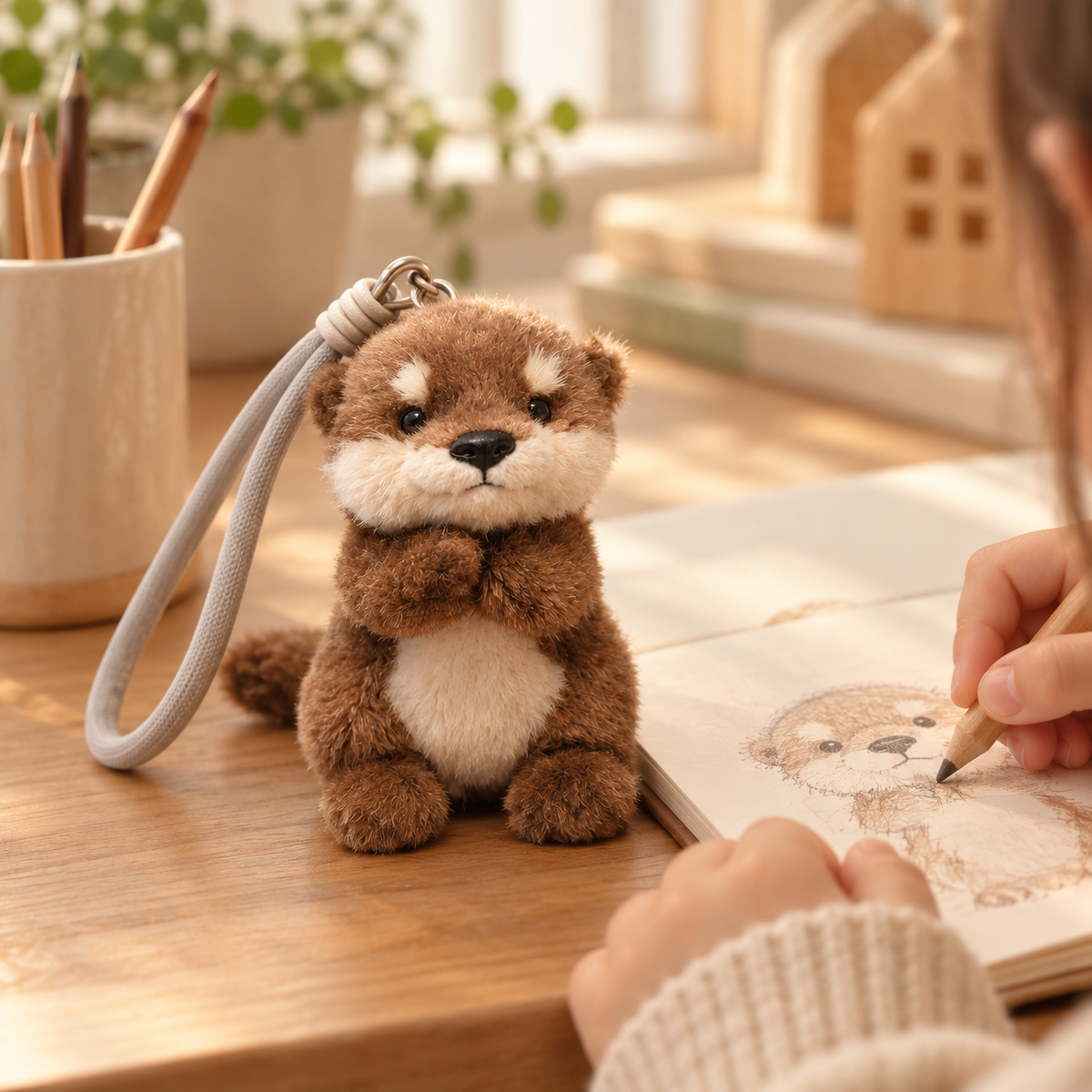 Orrin otter plush beside a child's sketchbook on an oak desk.