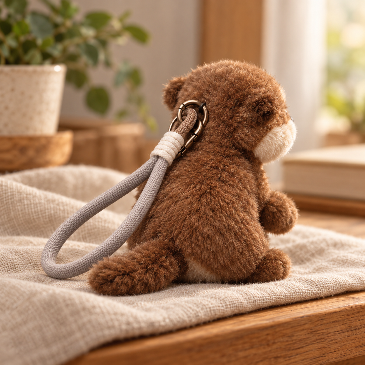 Rear view of Orrin brown otter plush showing its tail and grey wrist loop.