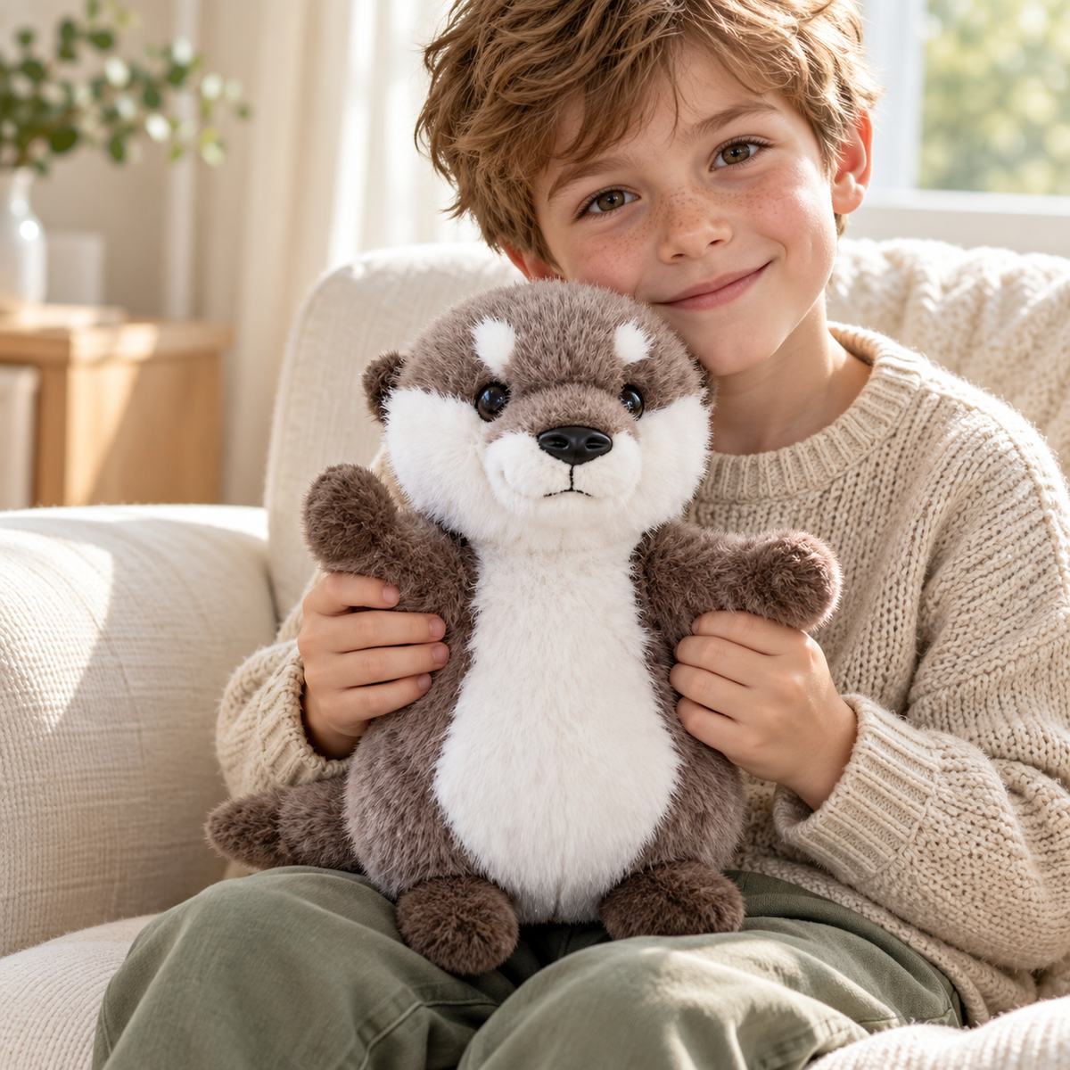 A child holding Oswin, a brown and white otter plush, in a cream reading chair
