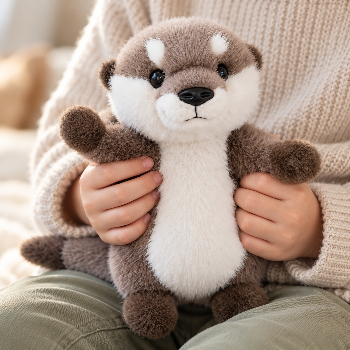 Close-up of Oswin's white cheeks, dark nose and plush texture in a child's hands