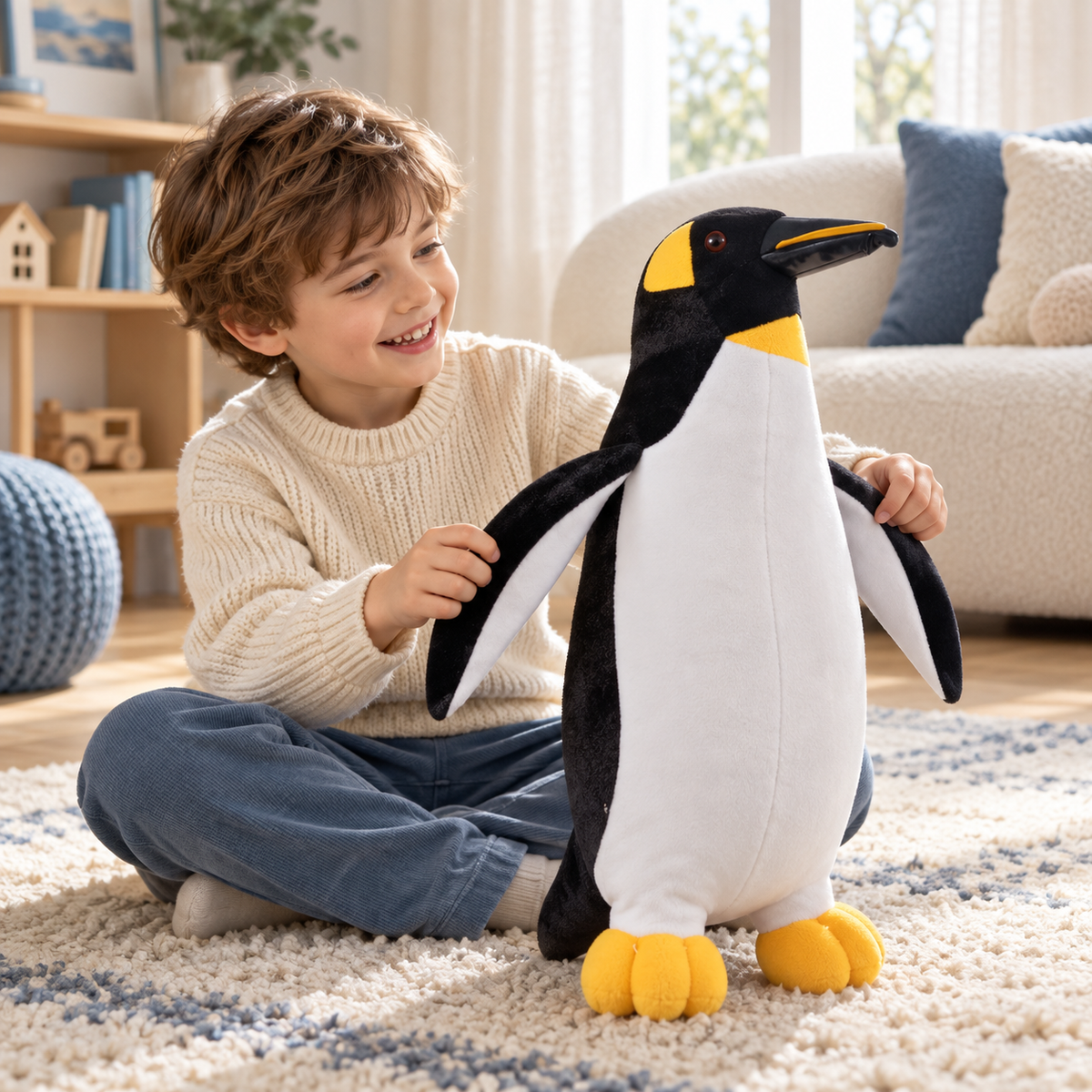 Child playing with Pippin 50 cm penguin plush in a bright reading room