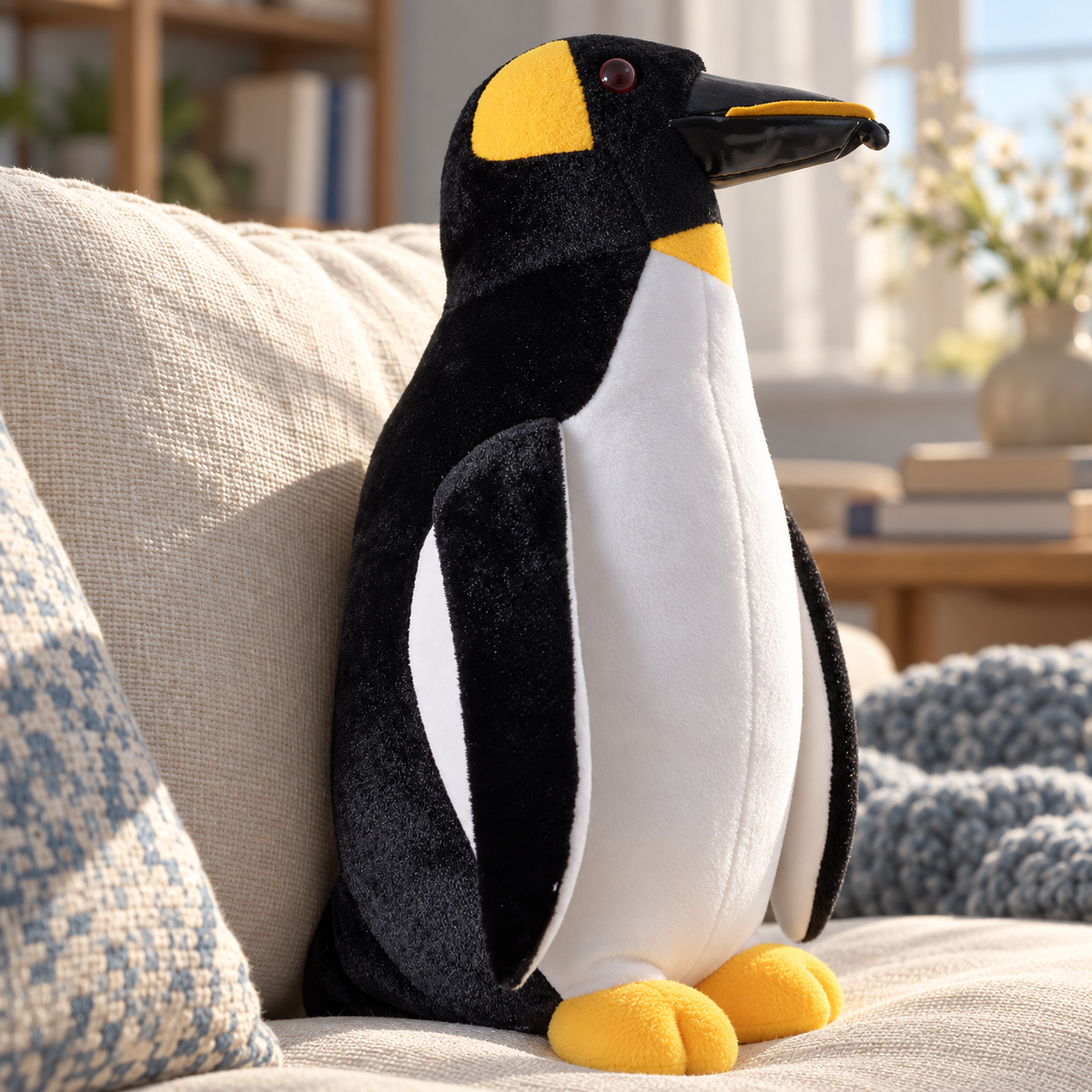 Pippin penguin stuffed animal against an ivory cushion