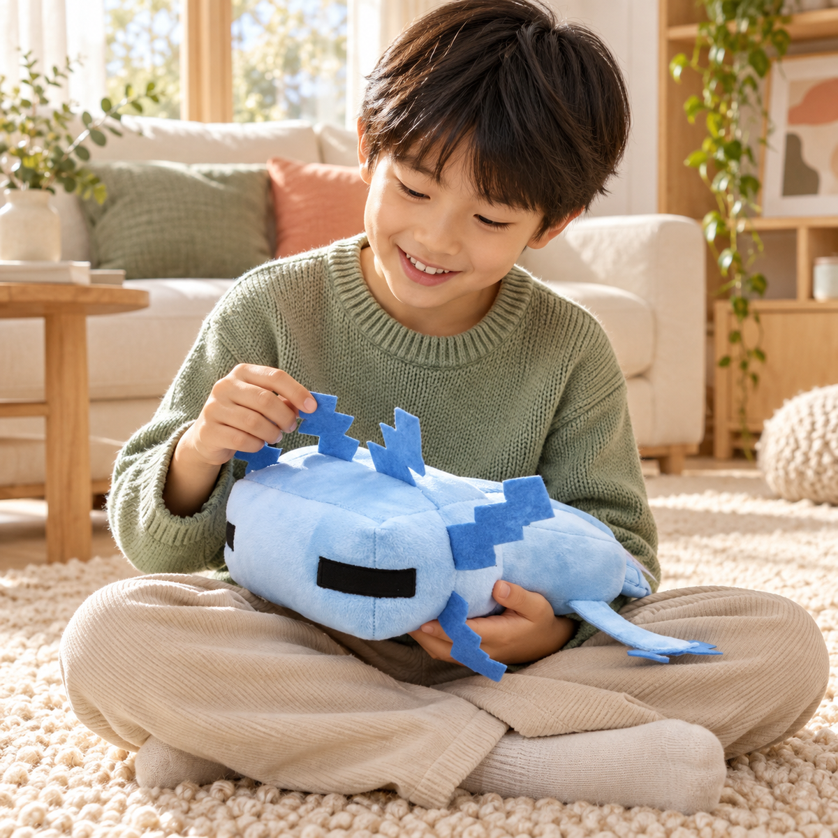 Child playing with the blue Pixie axolotl plush, 30 cm