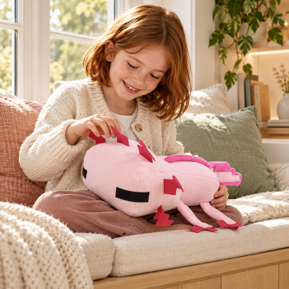 Child holding the pink Pixie axolotl plush in a reading nook