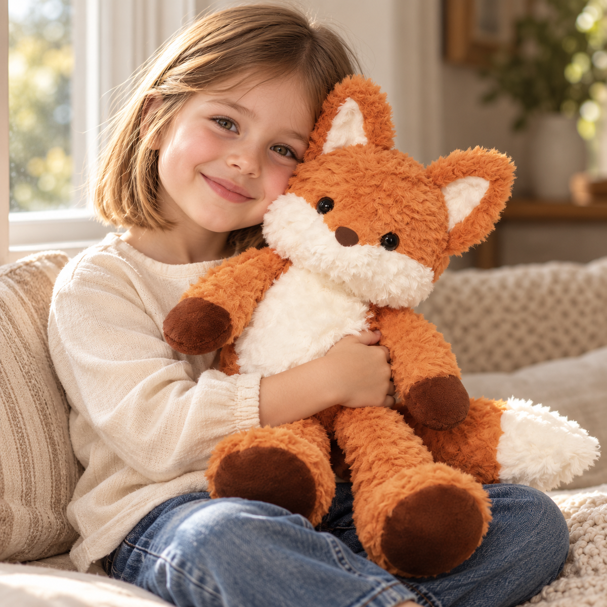 A child cuddling Rovan fox plush beside a bright window — lifestyle illustration