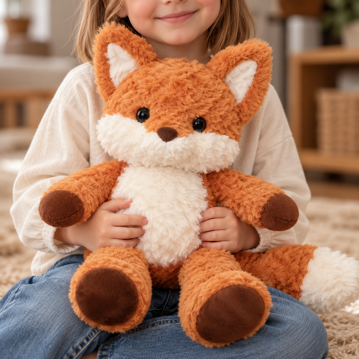 Close view of Rovan fox plush's russet fabric, white cheeks and brown paws — lifestyle illustration