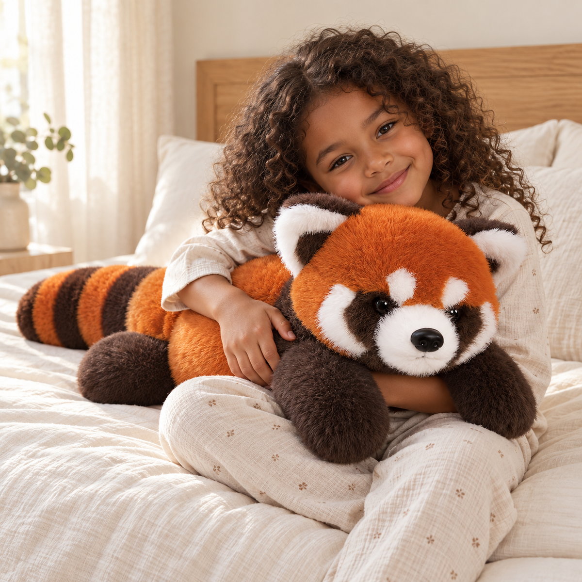 Ein Kind umarmt das große Roter-Panda-Kuscheltier Sorrel mit runden Pfoten und Ringelschwanz.