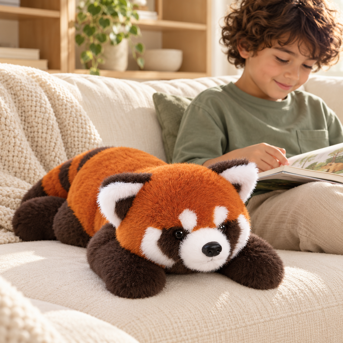 Das liegende Roter-Panda-Kuscheltier Sorrel mit runden Pfoten auf einem Sofa neben einem lesenden Kind.