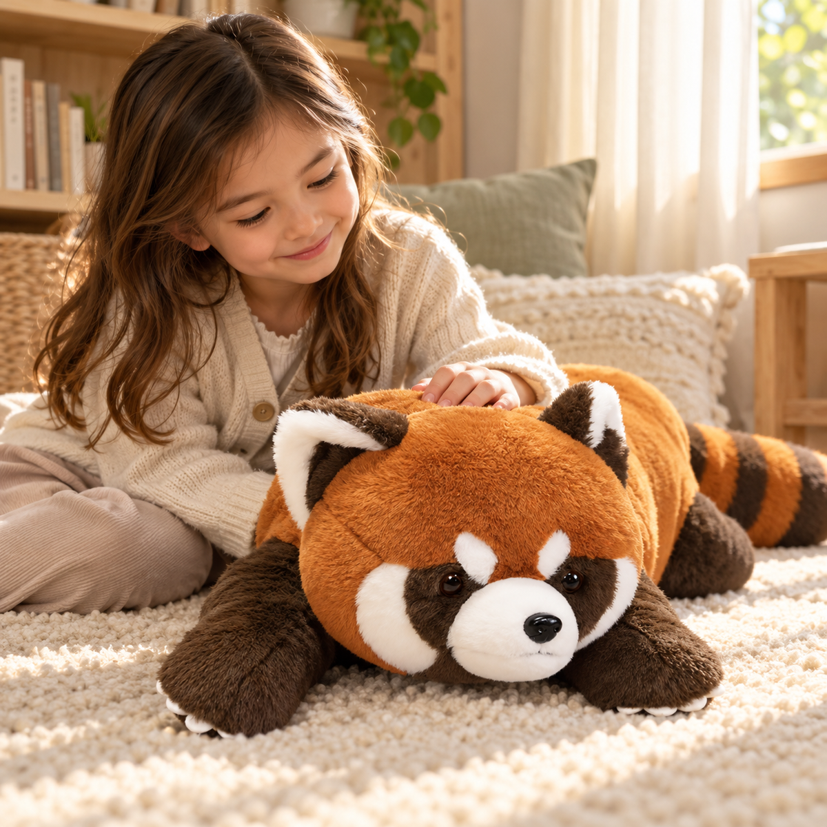 Das liegende Roter-Panda-Kuscheltier Sorrel mit weißen Krallen wird auf einem Teppich von einem Kind gestreichelt.