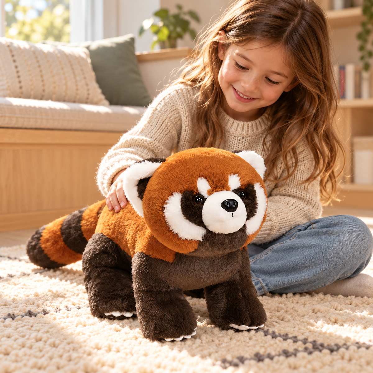 Sorrel als stehender roter Panda mit weißen Krallendetails neben einem Kind auf einem cremefarbenen Teppich.