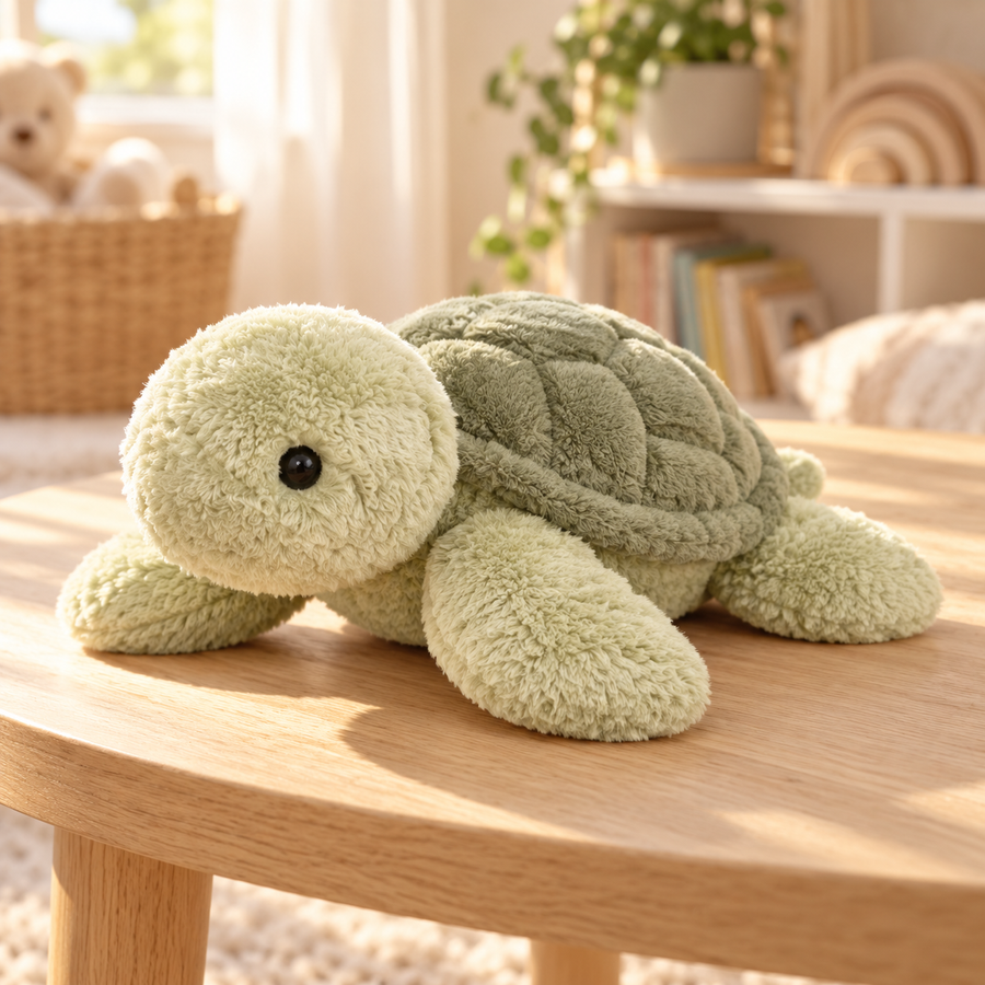 Tavi sage green turtle plush with textured shell on a pale oak table.