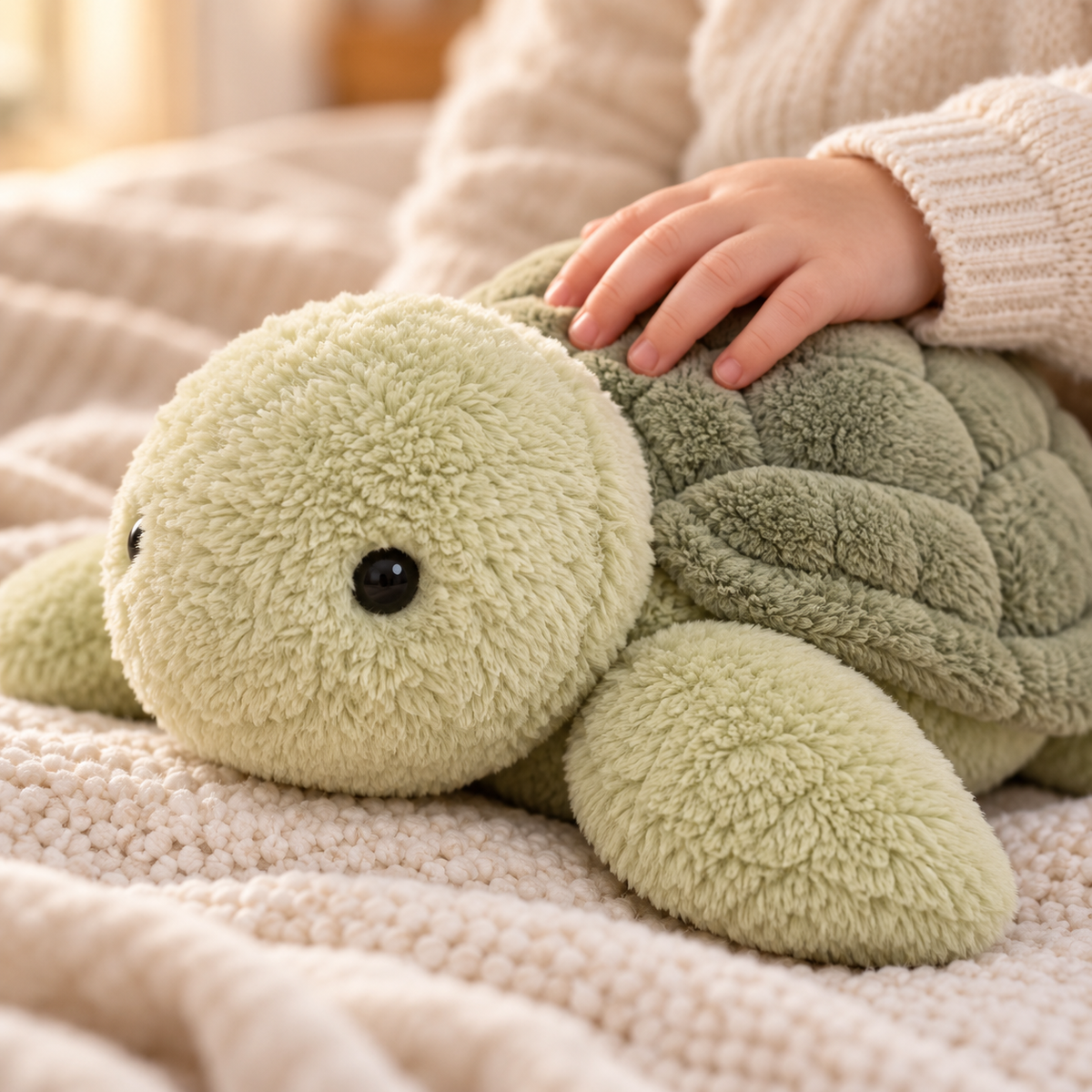 Close-up of Tavi turtle plush face, flipper and textured sage shell.