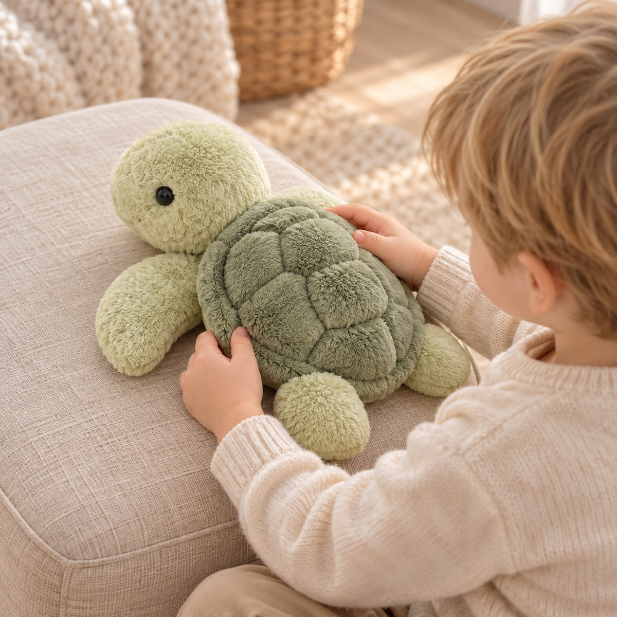 Overhead view of Tavi turtle plush showing its segmented sage shell beside a child.