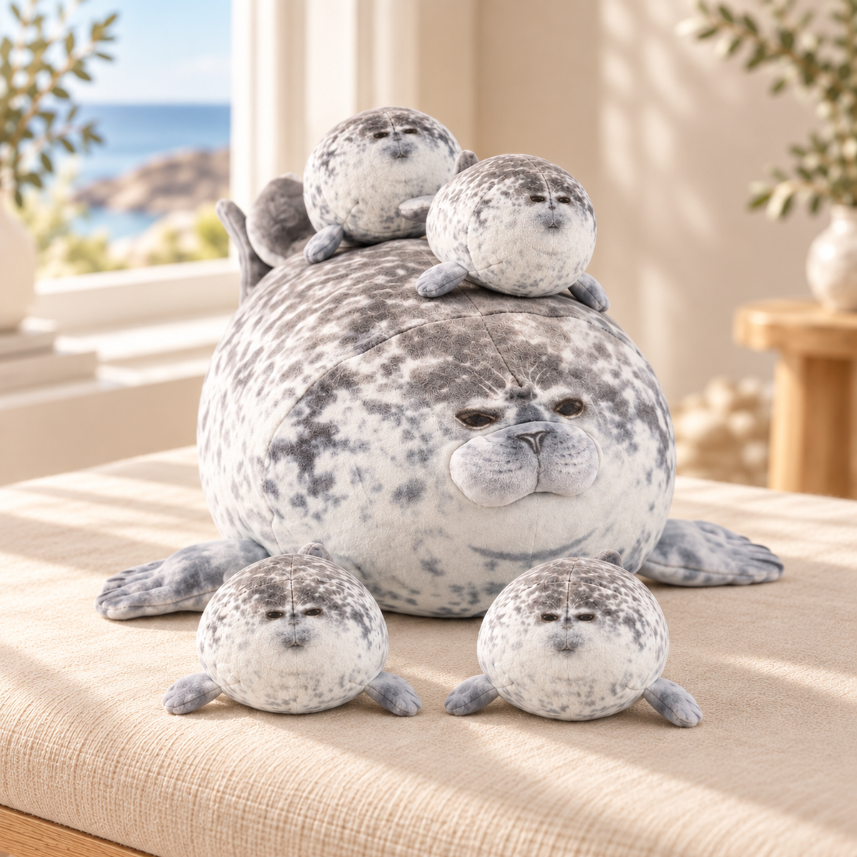 Nori grey spotted seal plush with four mini seals arranged on an ivory linen bench