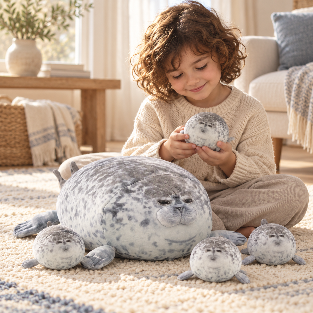Child playing with Nori and its four mini seal plushes on a cream rug