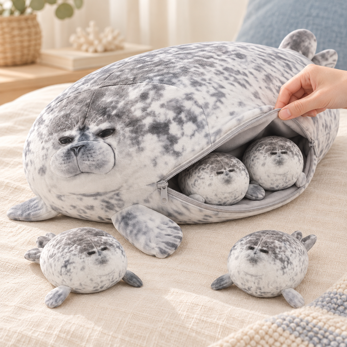 Nori seal plush with its belly zipper open, two mini seals inside and two beside it